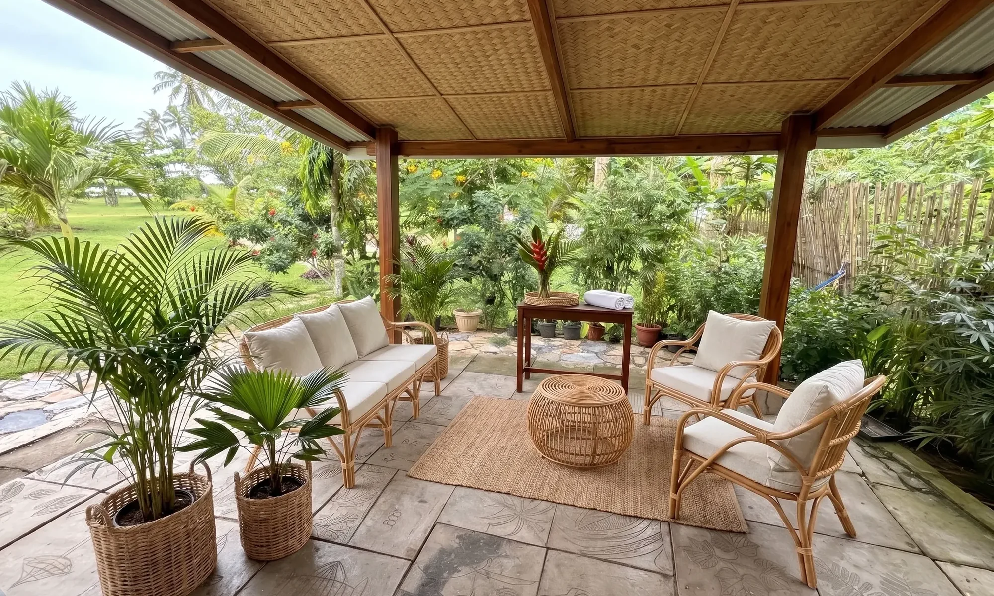 The arrival lounge, rattan seating on stone pavers under a bamboo ceiling