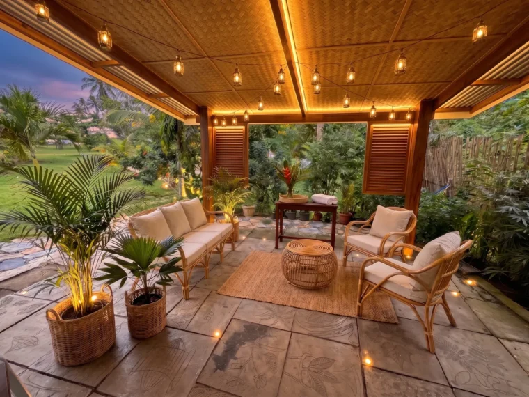 The arrival lounge at dusk lit by hanging lanterns