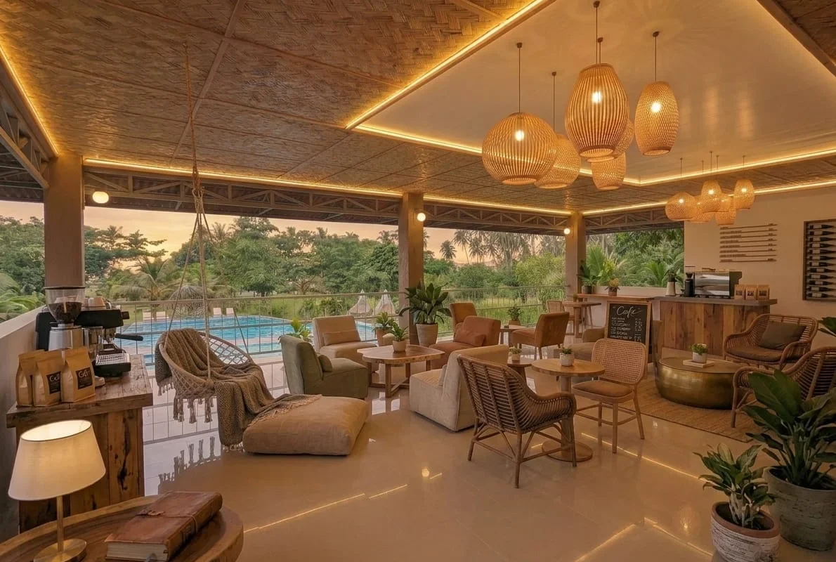The guest lounge and café at dusk, rattan pendants over a timber bar