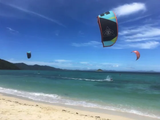 Kites in the air above the beach and turquoise water