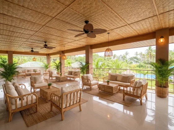 The lounge in daylight, rattan seating and jute rug