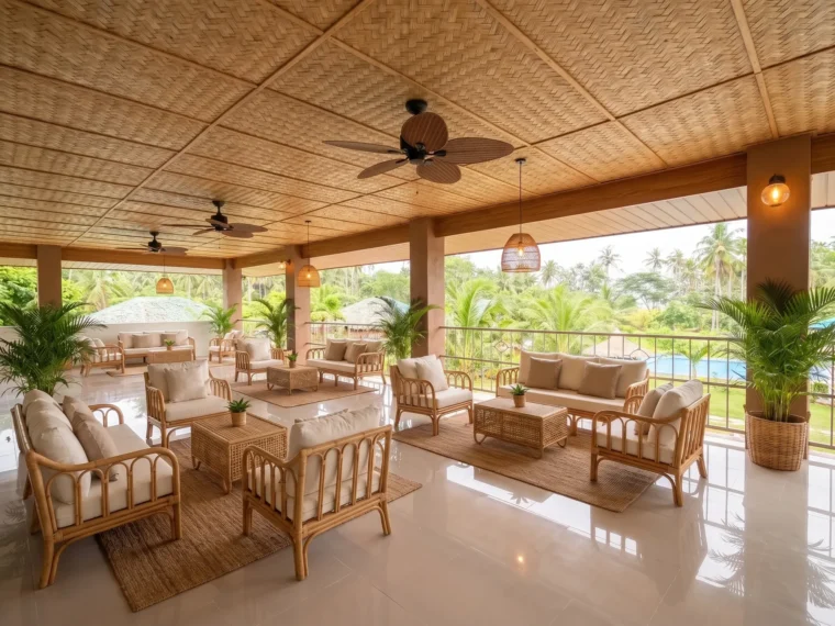 The lounge in daylight, rattan seating and jute rug