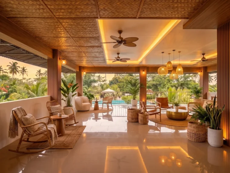 Rattan rocking chairs and a brass table on the veranda at dusk