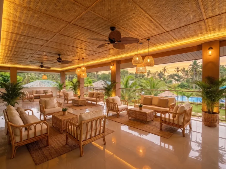 The lounge at sunset, warm light across rattan seating