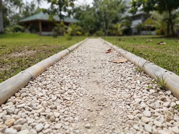 Close view of crushed limestone held between split bamboo edging