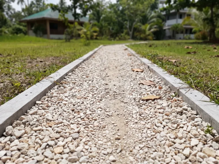 Coco lumber edging between a sand path and the lawn