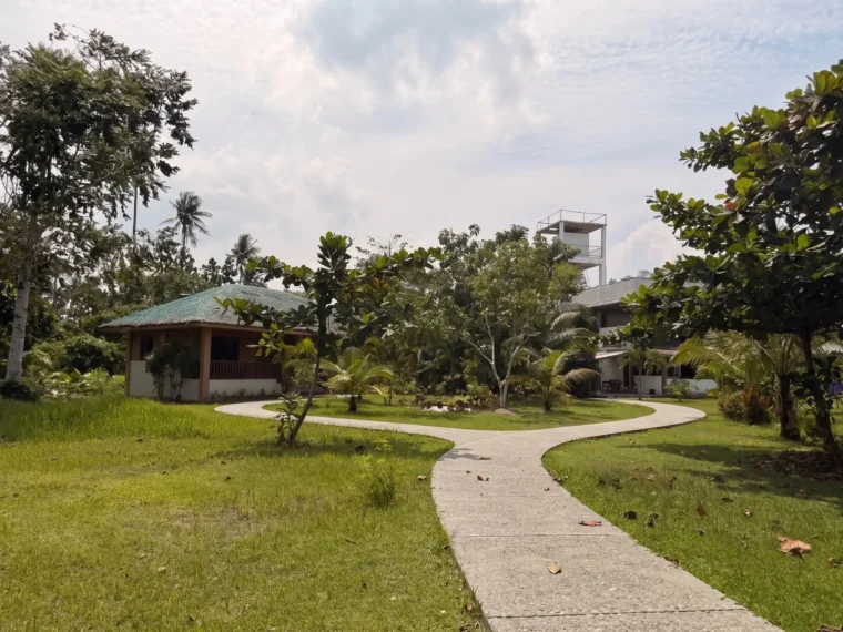 An exposed-aggregate concrete path curving between the buildings