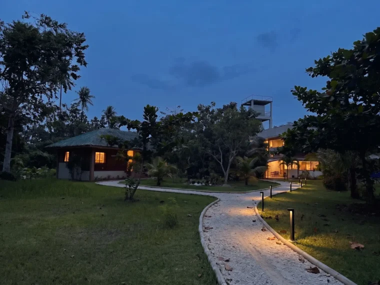 The limestone path at dusk with bollard lights along it