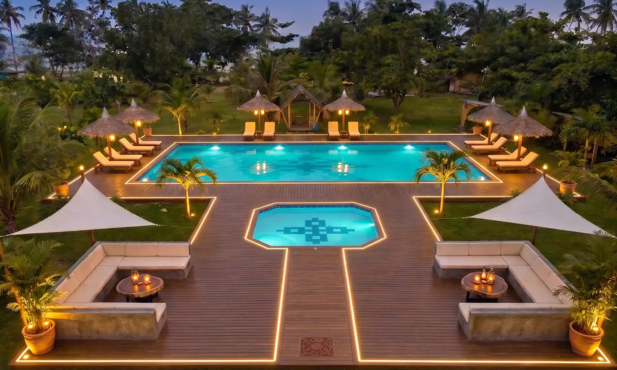 The pool and deck at night, water lit teal, deck edges in warm LED
