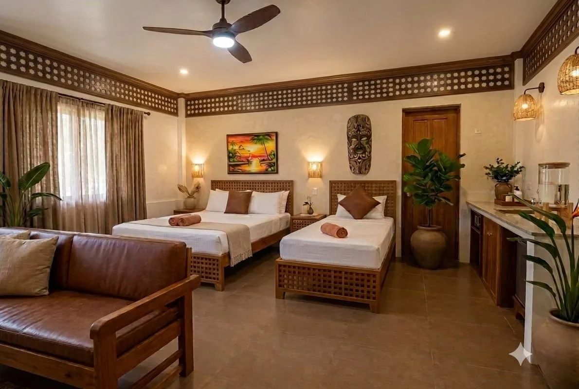 The Premium Villa — narra frames and woven wall panels