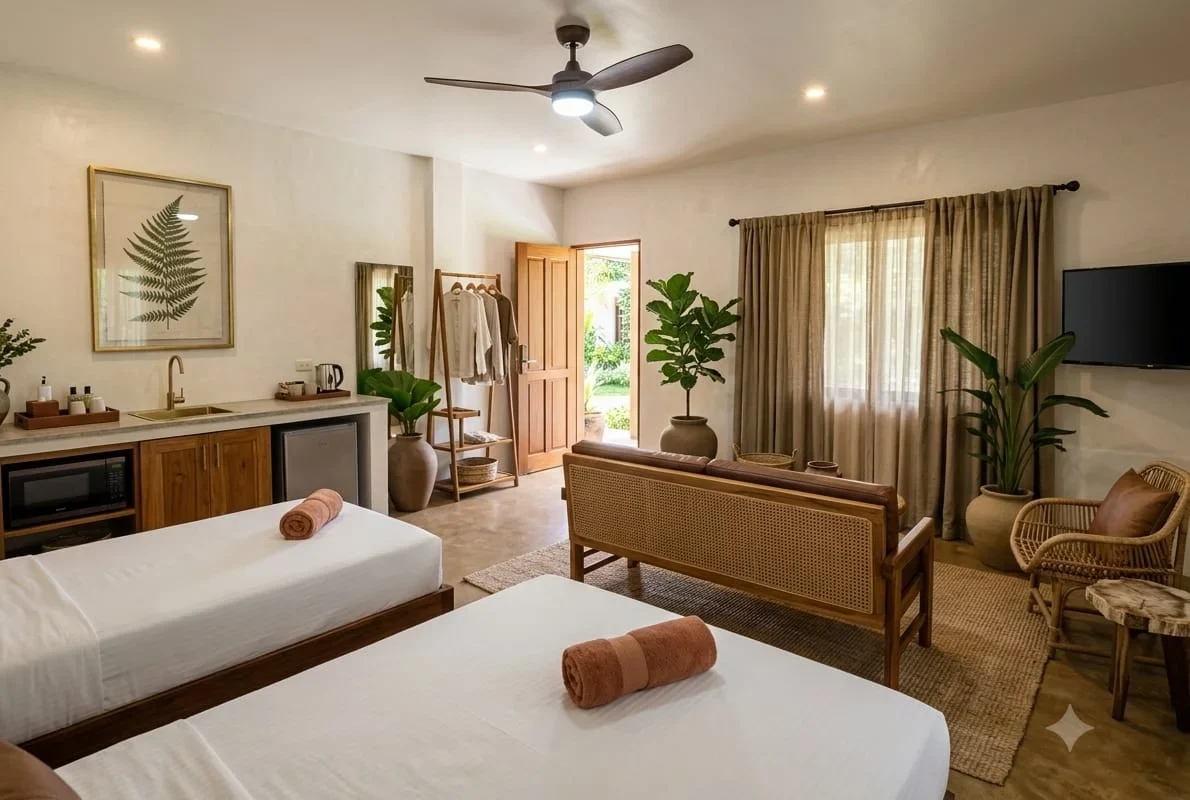 The Deluxe Villa — white linen, cane sofa and jute rug