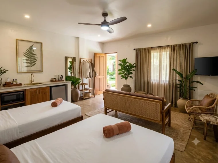 The Deluxe Villa — white linen, cane sofa, jute rug and an open door to the garden